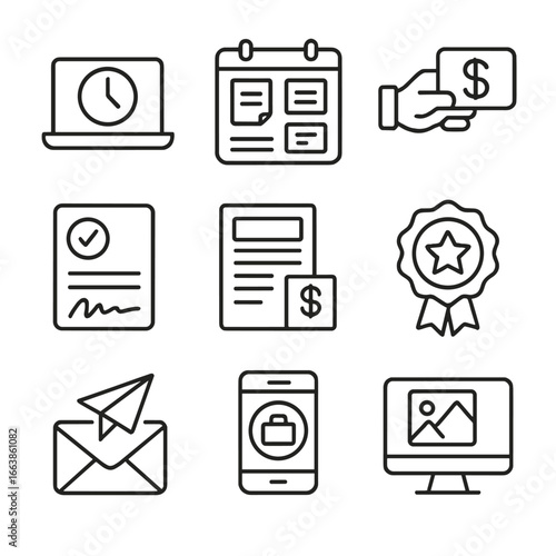Freelance Services Icons. Line style icons of remote and freelance services: laptop with clock icon, freelance gig board, payment
