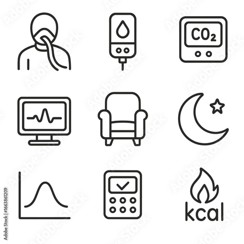 Resting Metabolic Icons. Line style icons of Resting Metabolic Rate: indirect calorimeter hood, oxygen sensor, CO₂ analyzer,
