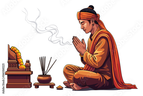 Hindu man praying at a home altar with incense sticks vector illustration