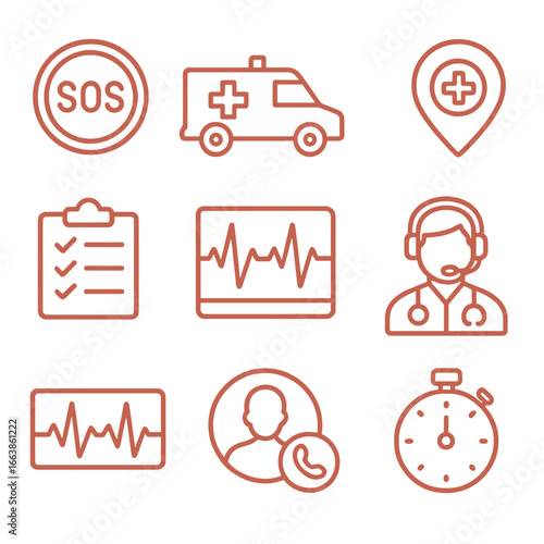 Emergency Telehealth Icons. Line style icons of Emergency Telehealth: red SOS button, ambulance icon, geolocation pin, triage