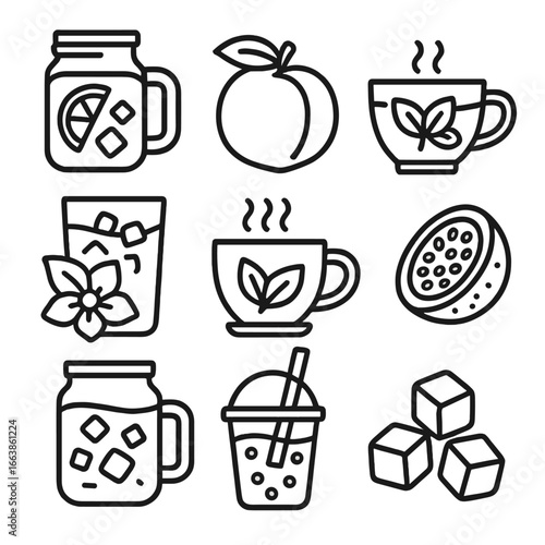 Iced Tea Icon Collection. Outline style icon of Iced Tea Flavors: lemon iced tea jar, peach tea slice, raspberry tea cup, hibiscus