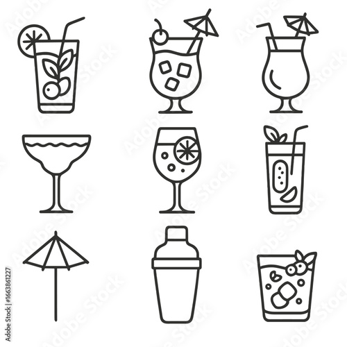 Mocktails Icon Collection. Outline style icon of Mocktails & Virgin Cocktails: virgin mojito glass, Shirley Temple, pina colada