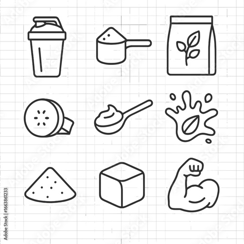 Protein Shake Icons. Outline style icon of Protein Shakes: shaker bottle, whey scoop, soy protein bag, banana chunk, peanut butter