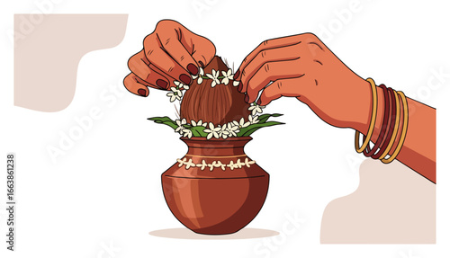 Hands performing Kalash Puja with coconut and flowers