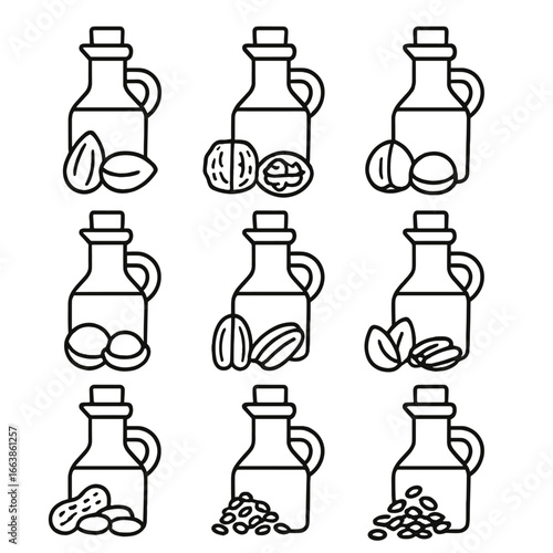 Gourmet Nut Oil Icons. Outline style icon of Gourmet Nut Oils: almond oil, walnut oil, hazelnut oil, macadamia oil, pecan oil,