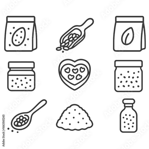 Energy Seed Icons. Outline style icon of Energy Seed Staples: chia seed pouch, flaxseed scoop, hemp heart bowl, pumpkin seed pack,