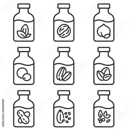 Gourmet Nut Oil Icons. Outline style icon of Gourmet Nut Oils: almond oil, walnut oil, hazelnut oil, macadamia oil, pecan oil,