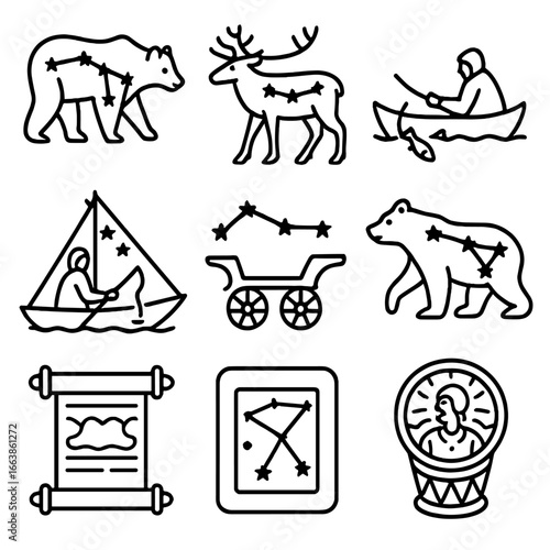 Indigenous Star Stories Icons. Outline style icon of Indigenous Star Stories: Inuit bear constellation, Sami reindeer stars, First