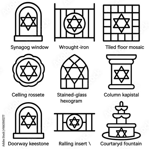 Star of David Icons. Outline style icon of Star of David Architecture: synagogue window star, wrought-iron gate star, tiled floor
