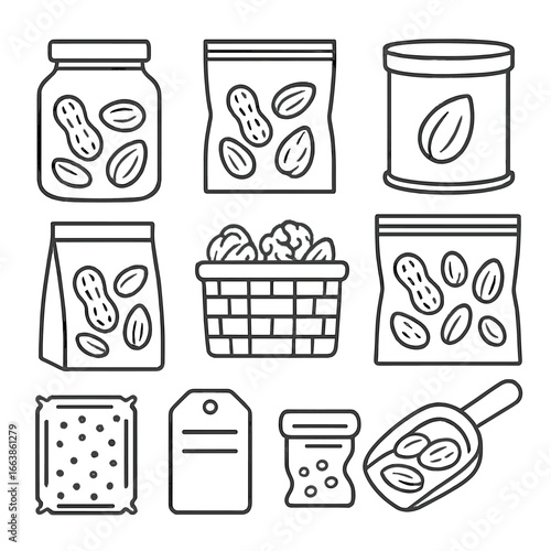 Nut & Seed Storage Icons. Outline style icon of Nut & Seed Storage: glass jar, vacuum bag, metal tin, paper pouch, pantry basket,