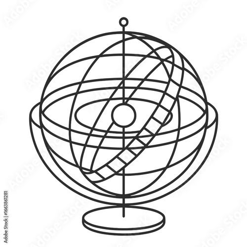 Celestial Sphere Icon. Outline style icon of Celestial Sphere Model: Earth center, celestial pole pin, equator band, ecliptic ring