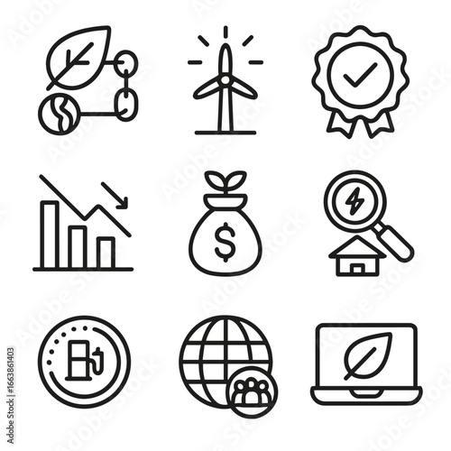 Environmental Impact Icons. Outline style icon of Environmental Impact Mitigation: carbon offset leaf, renewable energy icon,