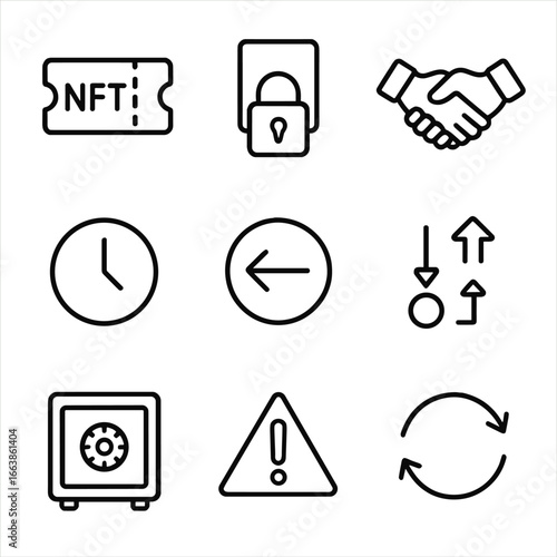 NFT Rental Icons. Outline style icon of NFT Rental & Lending: rental ticket, collateral lock, lend handshake, duration clock,