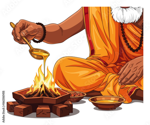 Hindu priest performing traditional Havan Yajna fire ritual