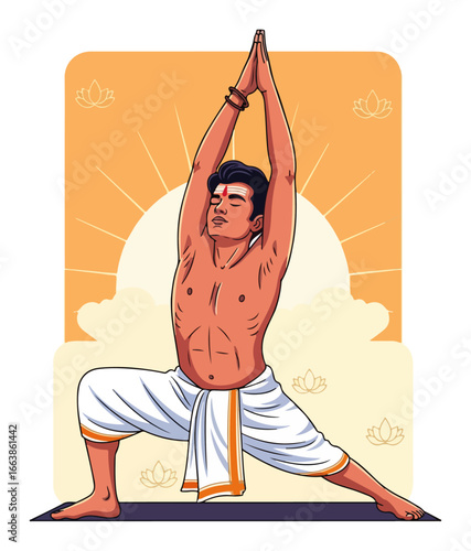 Man practicing Yoga warrior pose for health and wellness