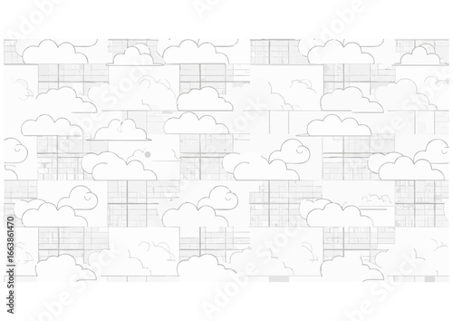 Light blue clouds and snowflakes pattern on white background for winter design and copy space