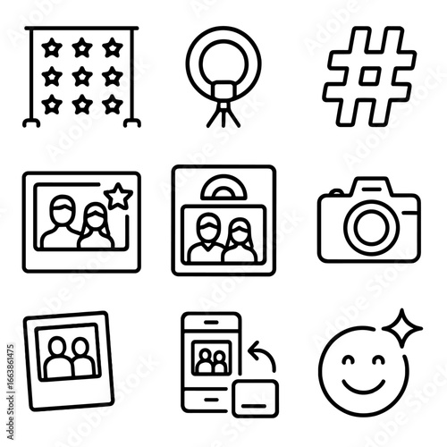 Networking Photo Ops. Outline style icon of Networking Photo Ops: step-and-repeat wall, selfie ring light, hashtag prop, branded