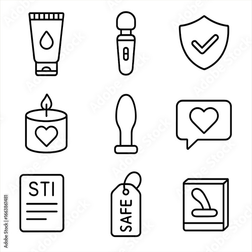 Wellness Icons Collection. Outline style icon of Sexual Wellness: lubricant tube, vibrator wand, consent check, intimacy candle,