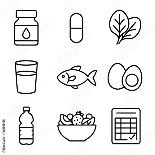 Prenatal Nutrition Icons. Outline style icon of Prenatal Nutrition: folic acid bottle, prenatal vitamin, iron-rich spinach,