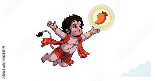 Little Hanuman flying with fruit cartoon vector