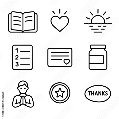 Gratitude Icon Collection. Outline style icon of Gratitude & Reflection: gratitude journal, thankful heart, sunset reflection lake