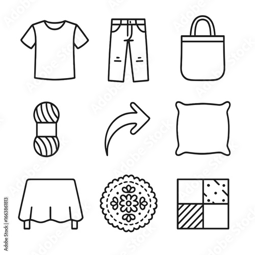 Upcycling Icons Collection. Outline style icon of Upcycling with Natural Dye: thrift tee, faded jeans, cotton tote, yarn skein,
