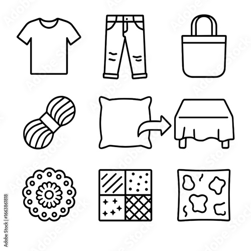 Upcycling Icons Collection. Outline style icon of Upcycling with Natural Dye: thrift tee, faded jeans, cotton tote, yarn skein,