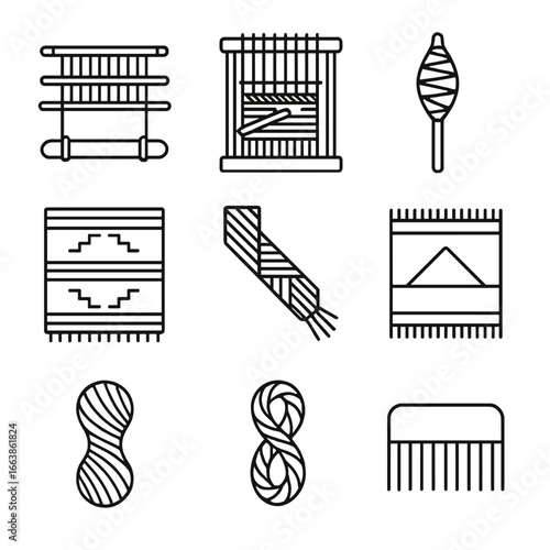 Weaving Loom Icons. Outline style icon of Weaving Loom & Textiles: back-strap loom, upright loom frame, wool spindle, Navajo