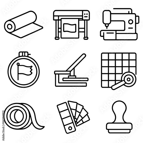 Flag Manufacturing Tools. Outline style icon of Flag Manufacturing Tools: fabric bolt roll, dye-sublimation printer, applique