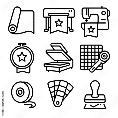 Flag Manufacturing Tools. Outline style icon of Flag Manufacturing Tools: fabric bolt roll, dye-sublimation printer, applique