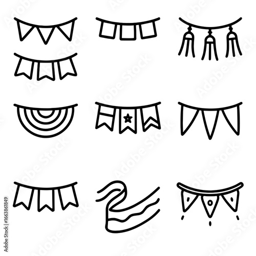 Festival Decoration Icons. Outline style icon of Festival Bunting & Pennants: triangular pennant, square cloth flag, tassel string