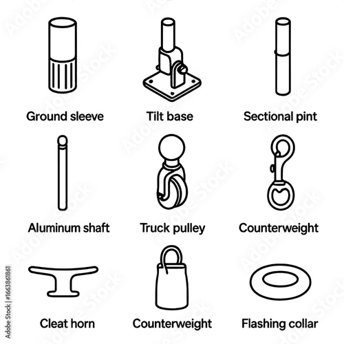 Flagpole Components Icons. Outline style icon of Flagpole Components: ground sleeve, tilt base hinge, sectional joint, aluminum