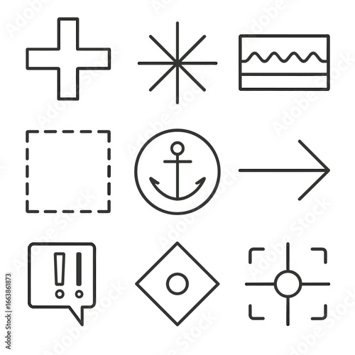 Nautical Symbols Outline. Outline style icon of Electronic Chart Symbols: danger wreck cross, isolated rock asterisk, dredged