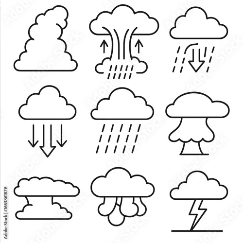 Thunderstorm Anatomy Icon. Outline style icon of Thunderstorm Anatomy: towering cumulonimbus, anvil top, updraft column, downdraft