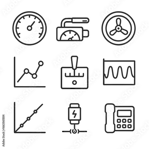 Engine Room Instrumentation. Outline style icon of Engine-Room Navigation Inputs: shaft rpm feed, fuel flow meter, pitch order
