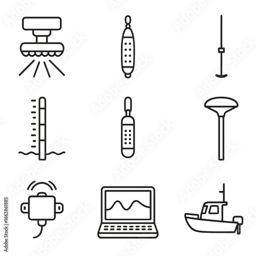 Hydrographic Survey Tools Icons. Outline style icon of Hydrographic Survey Tools: multibeam transducer, side-scan sonar towfish,