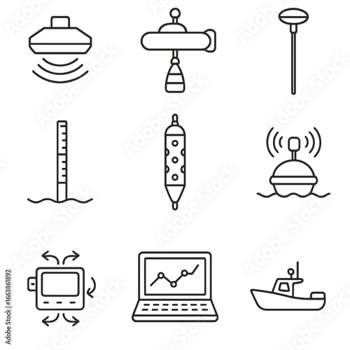 Hydrographic Survey Tools Icons. Outline style icon of Hydrographic Survey Tools: multibeam transducer, side-scan sonar towfish,