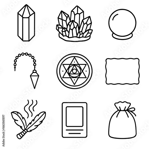 Crystal Divination Tools. Outline style icon of Crystal Divination: clear quartz point, amethyst cluster, obsidian sphere,