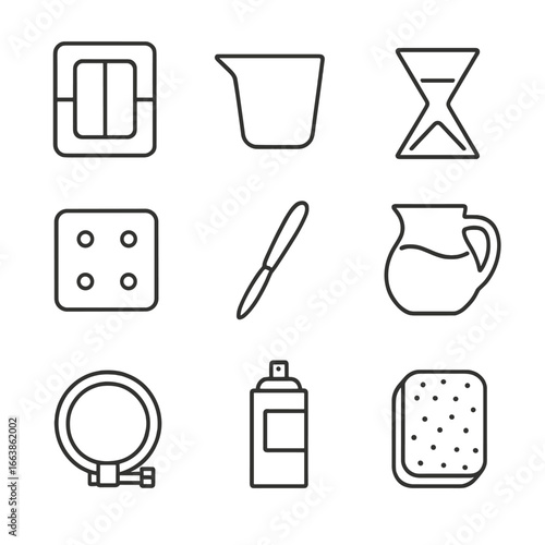 Slip-Casting Supplies Icons. Outline style icon of Slip-Casting Supplies: plaster mold, pouring cup, settling timer, drain board,