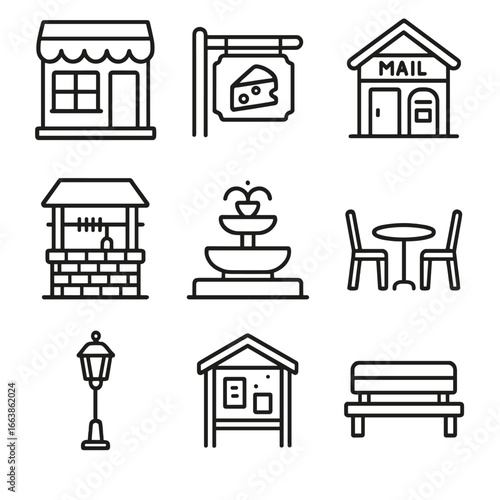 Village Main Street Icons. Outline style icon of Village Main Street Essentials: bakery storefront, cheese shop sign, small post