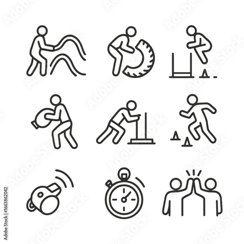 Outdoor Bootcamp Essentials. Outline style icon of Outdoor Bootcamp Essentials: battle rope wave, tire flip, box jump, sandbag