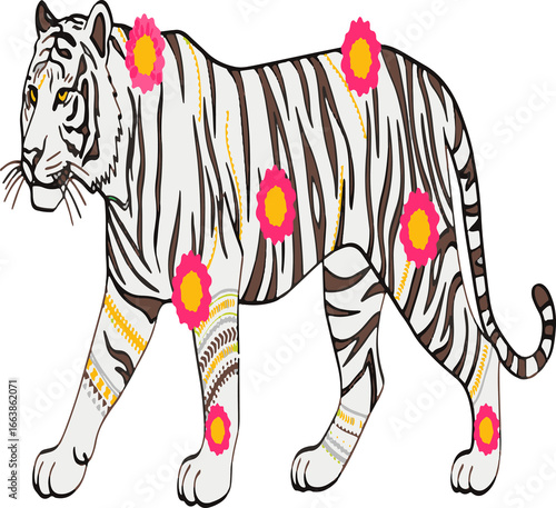Indian Folk Art Vector, Tiger with Decorative Patterns
