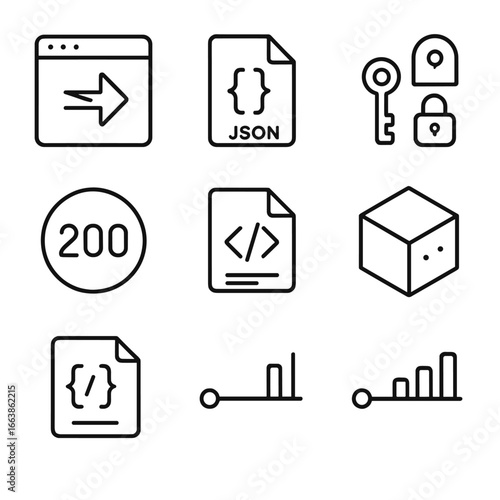 API Testing Icons. Outline style icon of API Testing Essentials: REST request bolt, JSON payload, header key, auth token lock,