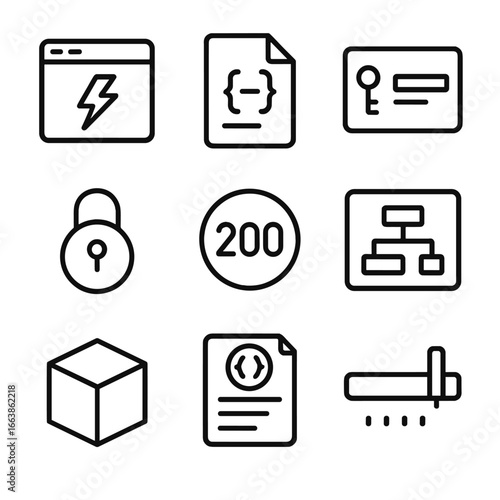 API Testing Icons. Outline style icon of API Testing Essentials: REST request bolt, JSON payload, header key, auth token lock,
