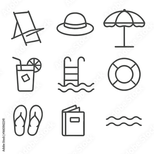 Lakeside Relaxation Icons. Outline style icon of Lakeside Relaxation: folding chair, straw hat, paperback book, cold lemonade, sun