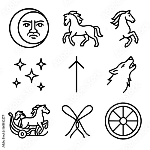 Norse Moon Chariot Icon. Outline style icon of Norse Moon Chariot: Máni visage, horse Árvakr, horse Alsvinn, time rune, wolf Hati,