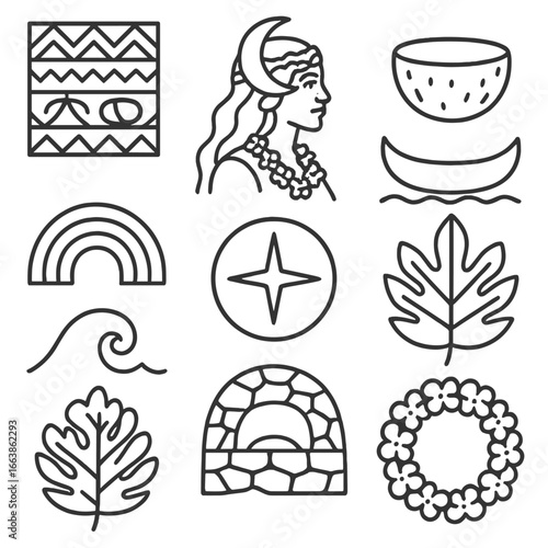 Polynesian Goddess Symbolism. Outline style icon of Polynesian Moon Goddess Hina: tapa cloth, coconut bowl, moon canoe, rainbow