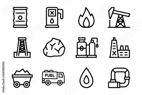 Petroleum Industry Icon Set Depicting Resources, Extraction, Transport, and Manufacturing Equipment with Oil