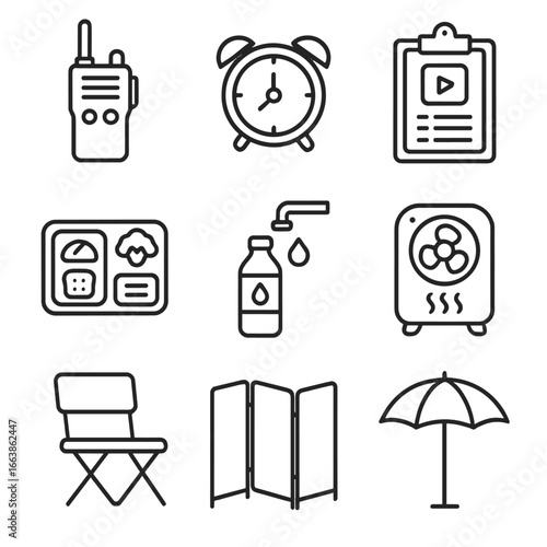Model Casting Essentials. Outline style icons of Model Casting: crew walkie-talkie, call time alarm, shoot schedule board,
