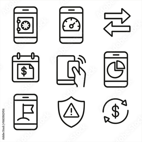 Mobile Banking Icons. Outline style icons of Mobile App: mobile banking vault, balance dashboard gauge, transfer arrows, bill pay